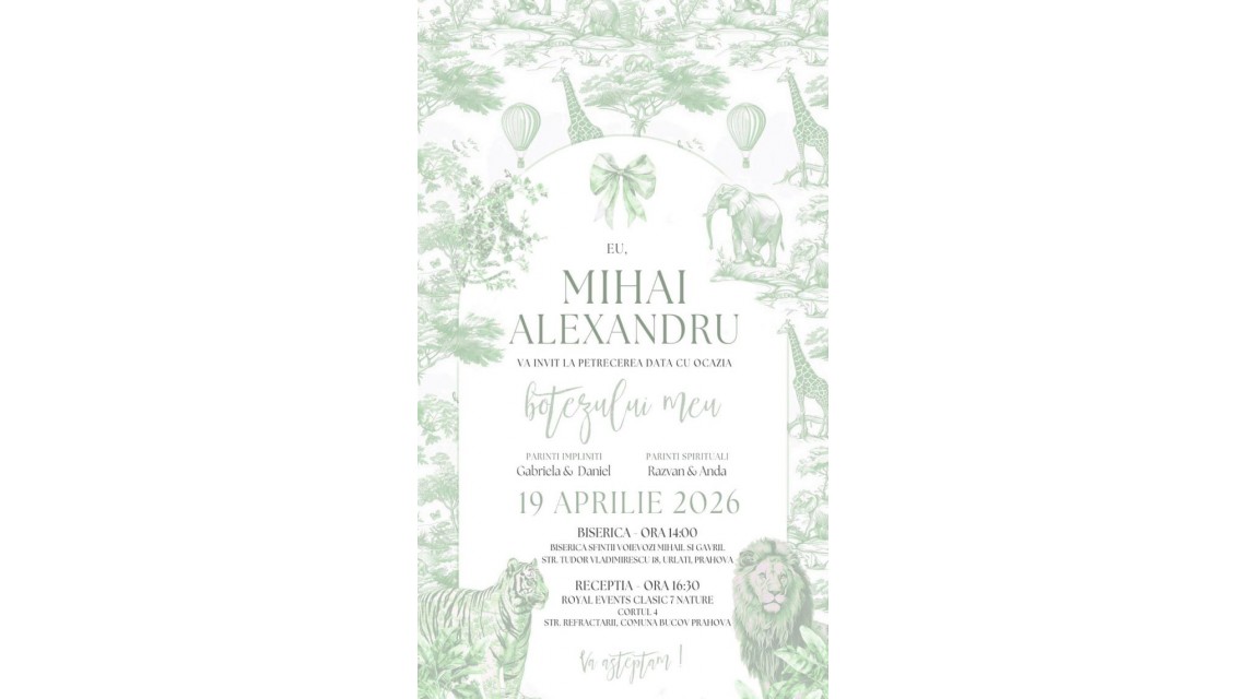 Invitație digitală pentru botez băiat cu animale sălbatice pe verde sage Green Safari Baby Shower 3